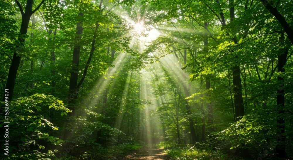 Fototapeta premium Sunlight streams through lush green canopy of trees, creating a serene and beautiful forest scene with bright rays