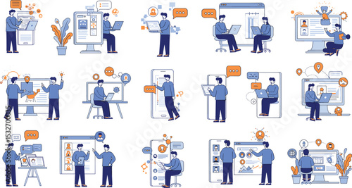 Flat vector illustration of people interacting with mobile devices, user profiles, digital data, notifications, search, messaging, and communication tools

flat vector illustration