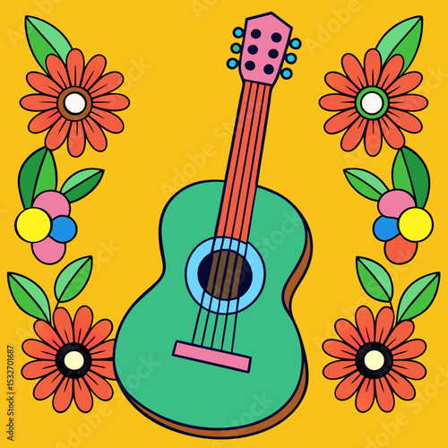 Guitar with Flowers toon style color background