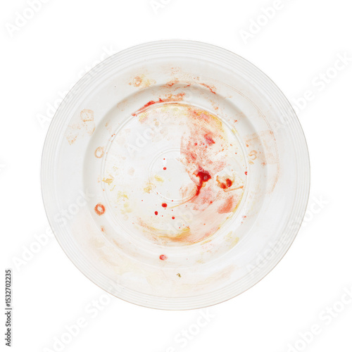 Dirty white plate with food remains isolated on transparent background