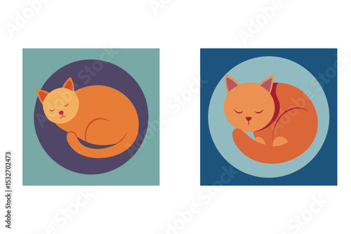 Two cute cartoon cats sleeping peacefully inside colorful circles for design projects