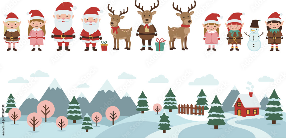 Cute Christmas characters with Santa Claus, elves, reindeer, snowman and winter landscape scene, perfect for festive holiday design elements
flat vector illustration Cute Christmas characters with Santa Claus, elves, reindeer, snowman and winter landscape scene, perfect for festive holiday design elements
flat vector illustration