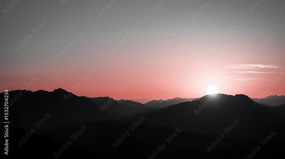 Fototapeta premium Mountains are silhouetted against a bright sunrise. 