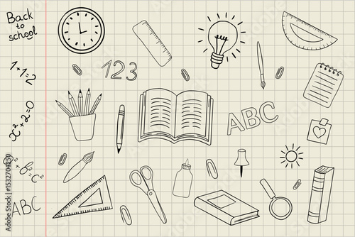 Hand-drawn Back to school vector sketch with various school supplies on notebook background. Perfect for digital resources, posters, and learning-themed products. Ideal for creative school projects an