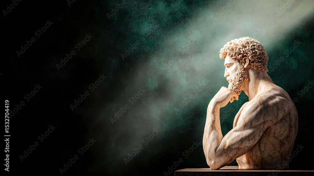 Obraz premium Marble bust of a bearded man gazes pensively into the distance under a spotlight in a dark atmosphere.