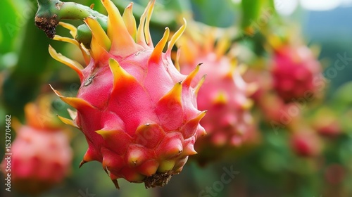Fresh dragon fruit on vine, tropical farm, vibrant background