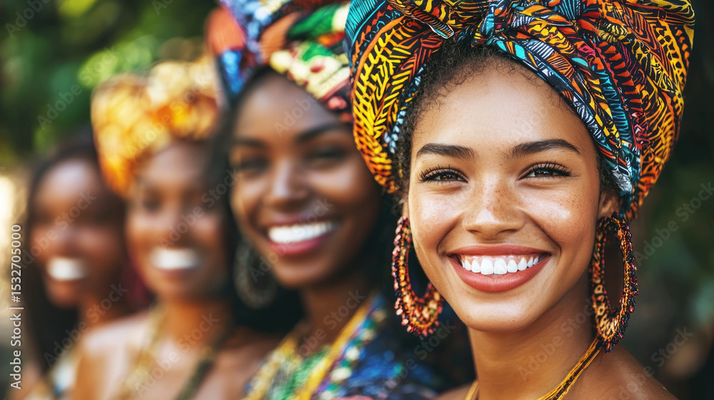 Fototapeta premium Four women in traditional African head wraps and colorful clothing, standing outdoors in a garden setting.