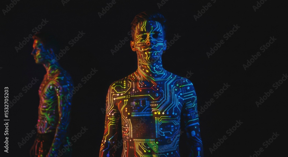 Fototapeta premium Neon body paint depicting circuit boards on two figures against a dark backdrop. One is in focus, the other blurred