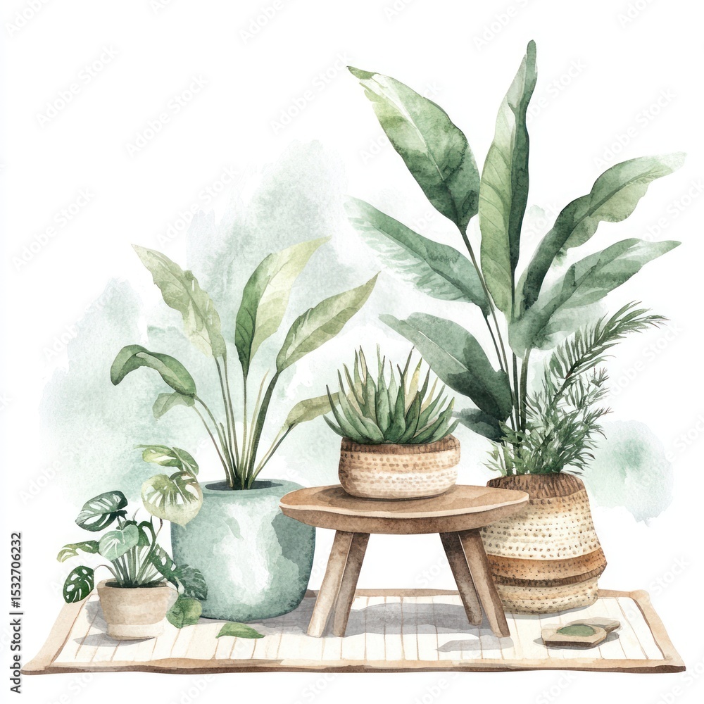 Obraz premium Watercolor illustration vibrant houseplants in pots displayed on a mat and stool