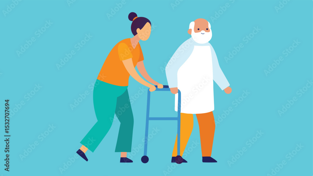 Young caregiver assisting elderly man with walker healthcare support Young caregiver assisting elderly man with walker healthcare support