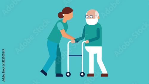 Young caregiver assisting elderly man with walker teal background