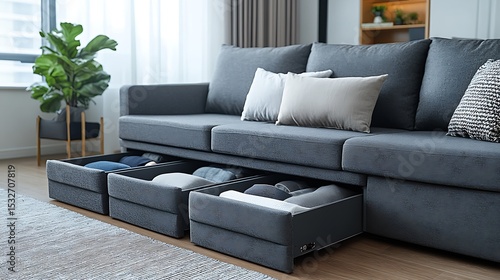 Modern sofa with storage drawers.