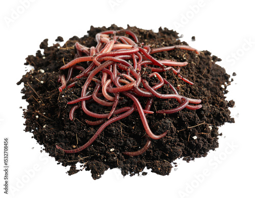 Clump of soil filled with earthworms, isolated on white.