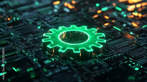 Glowing green gear icon representing innovative configuration settings in futuristic digital technology concept with neon light effects on dark background





