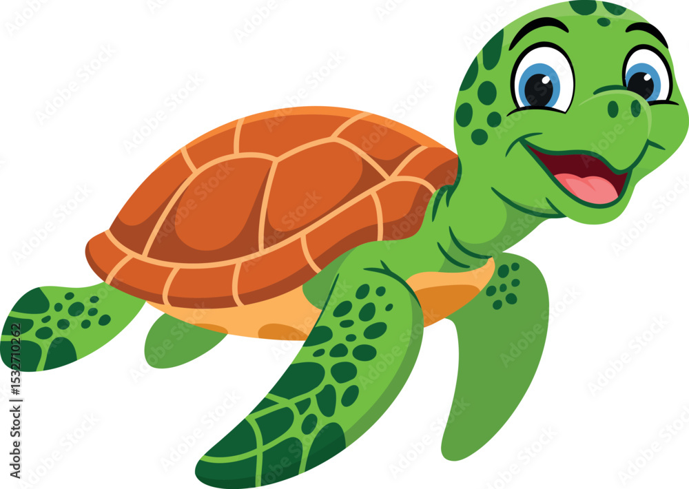 Obraz premium Cute cartoon sea turtle with happy expression vector illustration.