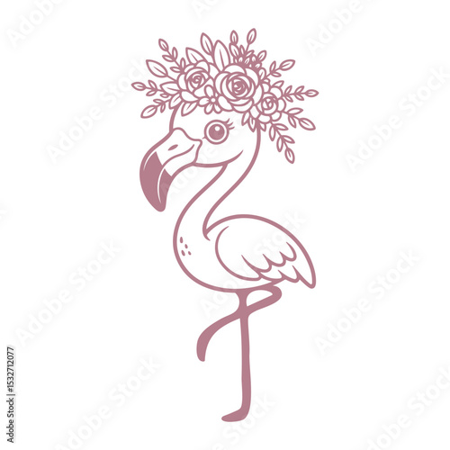 Cute flamingo in flower wreath. Cartoon baby animal character isolated on white background.