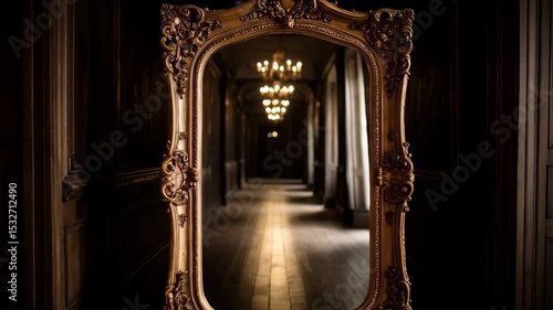 Elegant gilded mirror reflecting a long, darkened hallway with multiple chandeliers hanging and wood paneling interior design.