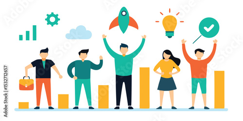 Successful team achieving goals business growth startup