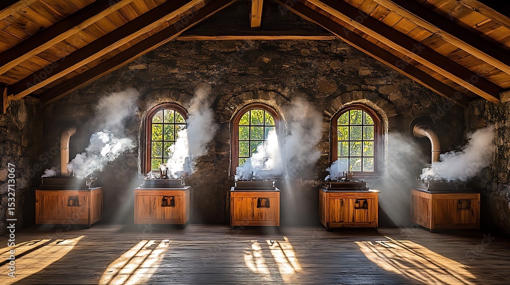 Obraz premium Mysterious steampunk laboratory with wooden devices emitting smoke near arched windows