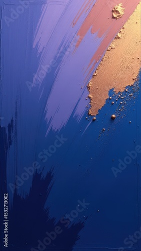 Blue and purple painting with gold accents. The painting has a lot of texture and he is abstract space for text, copy space, trendy colors 2025