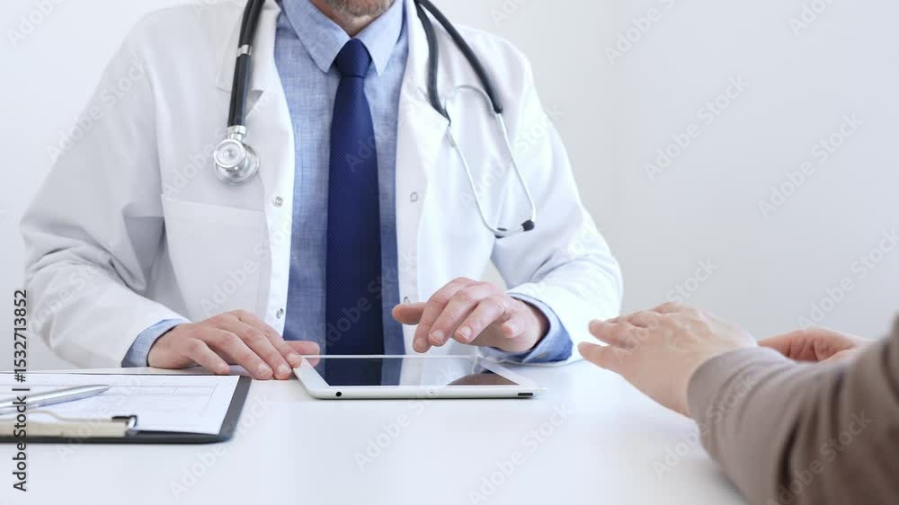 Doctor man showing information on tablet to patient woman during medical visit, explaining diagnosis and treatment options, providing medical consultation using modern technology. Medicine concept Doctor man showing information on tablet to patient woman during medical visit, explaining diagnosis and treatment options, providing medical consultation using modern technology. Medicine concept