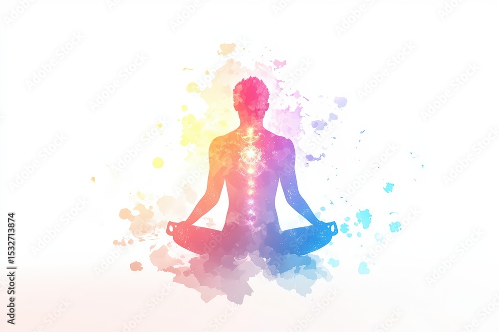 Meditating figure in rainbow light with chakra points aligned, peaceful watercolor backdrop represents inner balance and mindfulness Meditating figure in rainbow light with chakra points aligned, peaceful watercolor backdrop represents inner balance and mindfulness