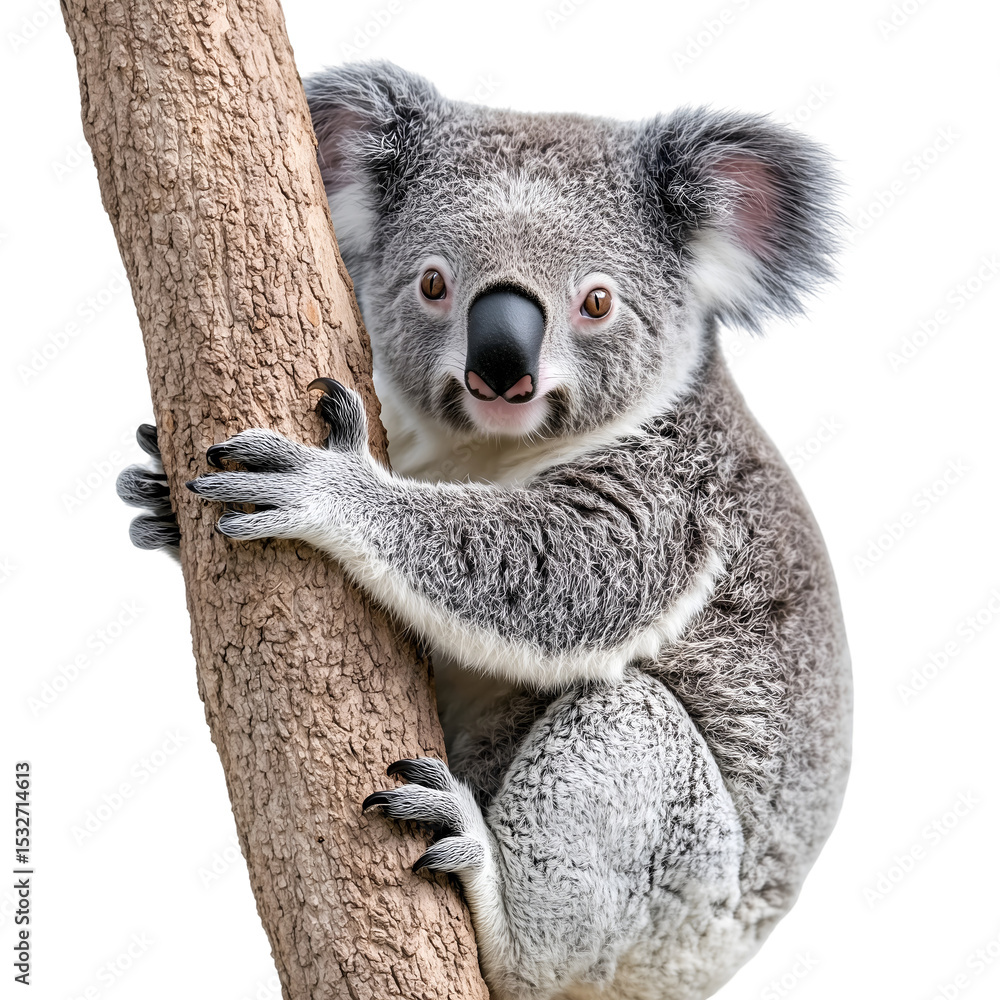 Obraz premium adorable koala bear clinging to tree trunk, close-up portrait against isolated on transparent background