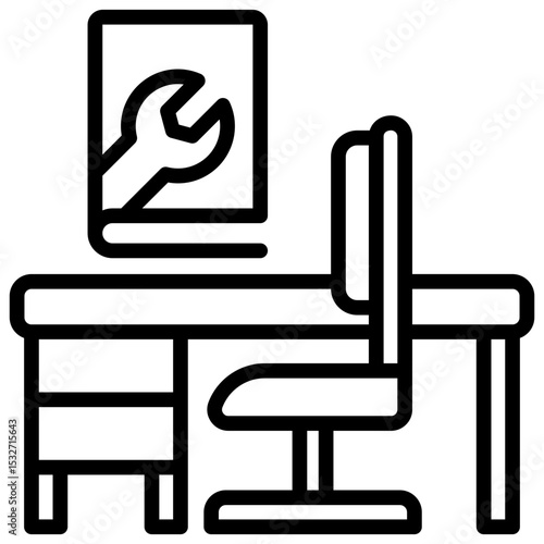 Training Room Outline Style Icon - Desk and chair with wrench poster represents classroom or training room for hands-on trainee sessions
