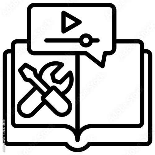 Video Tutorial Outline Style Icon - Open book with tools and video player, representing multimedia tutorials or interactive training for trainees
