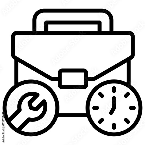 Work Assignment Outline Style Icon - Briefcase with wrench and clock symbolizes assigned trainee tasks and time management