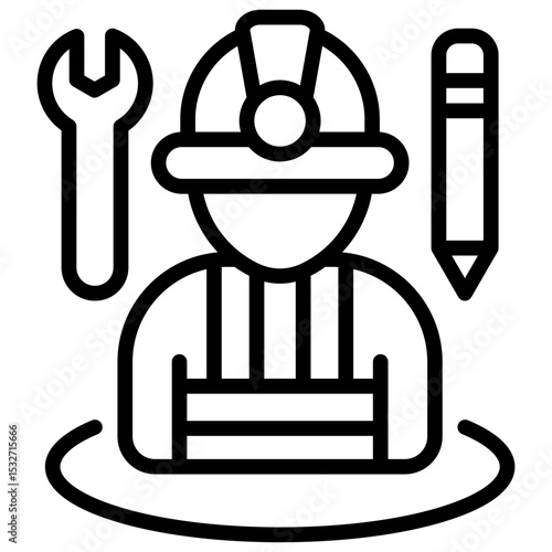 Field Training Outline Style Icon - Trainee with helmet, wrench, and pencil symbolizes on-site or practical field training