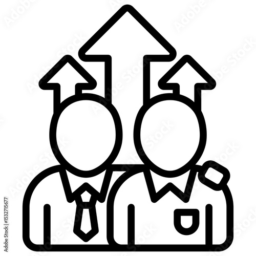 Career Growth Outline Style Icon - Two professional trainees with upward arrows showing skill advancement and promotion opportunities