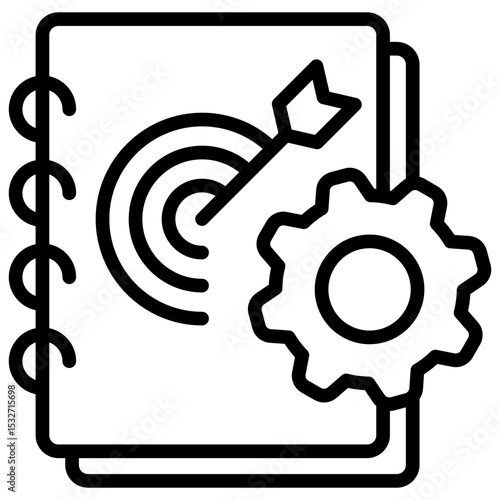 Goal Setting Outline Style Icon - Notebook with target and gear shows planning and setting skill development goals in trainee programs