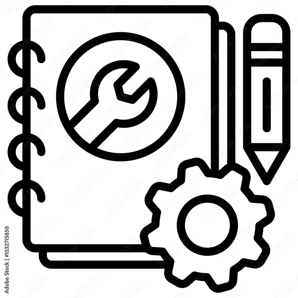 Skill Journal Outline Style Icon - Notebook with wrench and pencil shows documentation or journaling of trainee technical learning Skill Journal Outline Style Icon - Notebook with wrench and pencil shows documentation or journaling of trainee technical learning