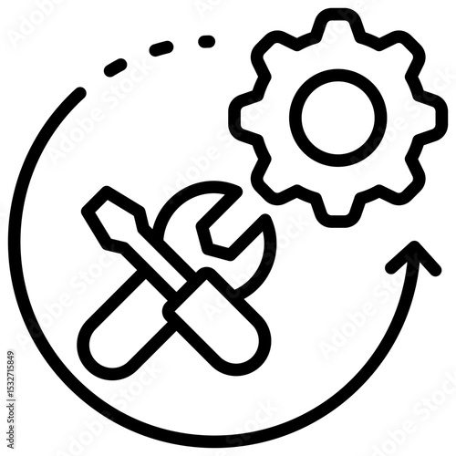 Skill Progress Outline Style - Gear and arrow with wrench symbolizing growth and improvement in trainee technical skills