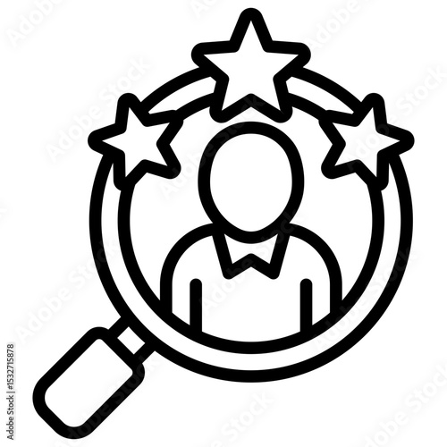 Talent Screening Outline Style Icon - Magnifying glass highlighting a person surrounded by stars, symbolizing talent identification and trainee evaluation