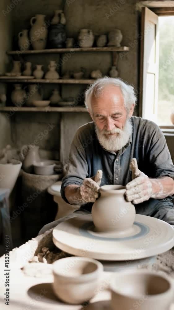 Elderly artisan with a white beard skillfully shapes clay on a potter's wheel in his sunlit workshop, embodying traditional craftsmanship, passion and the timeless art of pottery for heritage crafts Elderly artisan with a white beard skillfully shapes clay on a potter's wheel in his sunlit workshop, embodying traditional craftsmanship, passion and the timeless art of pottery for heritage crafts