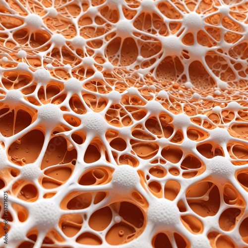 A complex, intertwined network. organic by orange filaments.