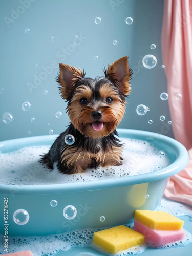 Cute Yorkshire Terrier Puppy Taking a Bubble Bath in a Blue Tub