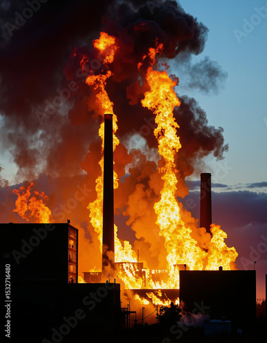 A dramatic scene unfolds at an industrial site where flames and smoke billow from a factory chimney, creating a striking contrast against the evening sky 