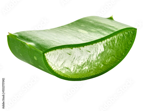 Aloe vera slice showing juicy gel inside, isolated on white background.