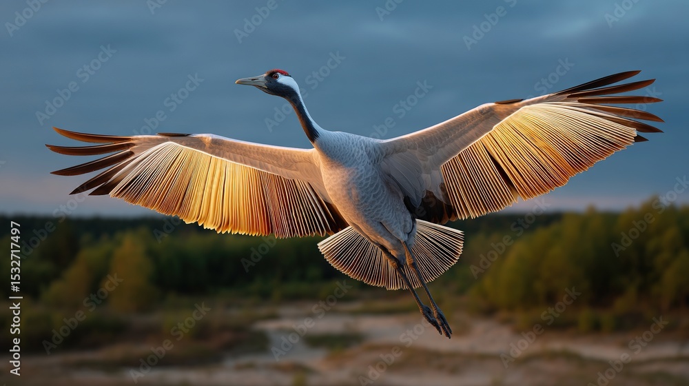 Obraz premium Flying Common Crane Against a Blurred Background