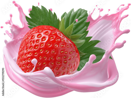 Fresh strawberry in pink milk splash isolated on transparent background