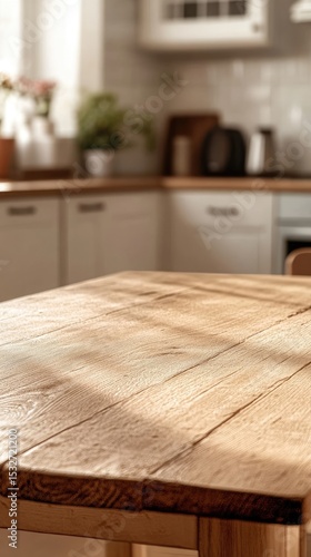 Sunlit rustic wooden table in a bright, blurred kitchen background