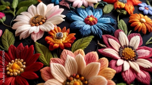 Wallpaper Mural Elegant handmade embroidered daisies and other flowers with intricate stitched details in a colorful floral arrangement on dark background. Torontodigital.ca