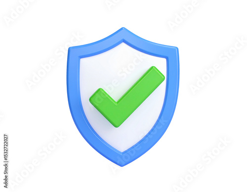3d render green check mark inside blue shield isolated on a white background