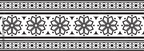 Vector endless black monochrome ancient Russian ornament. Seamless Slavic border, frame. Painting of the royal chambers.
