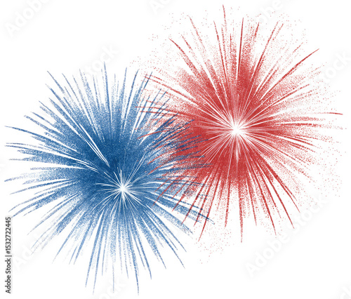 Festive red and blue fireworks display isolated on a white background