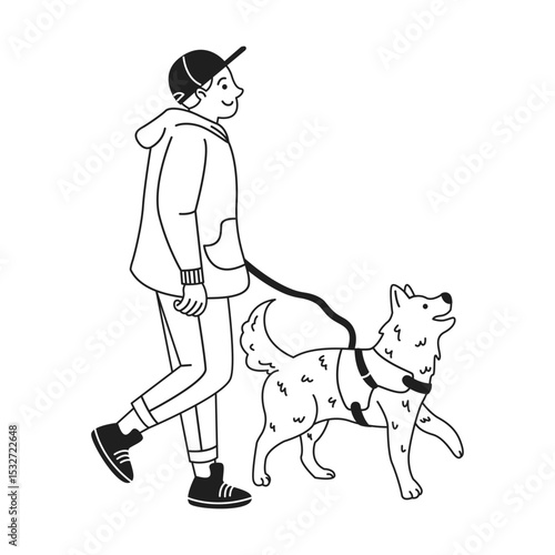 Simple line art of a person happily walking a dog in black and white. The illustration conveys a casual and relaxed atmosphere ideal for petrelated themes.
