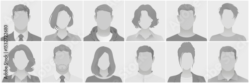 Set of grey silhouette avatars defoult photo placeholder depicting diverse anonymous profiles in business and casual attire suitable for user interfaces social media and professional networking sites.